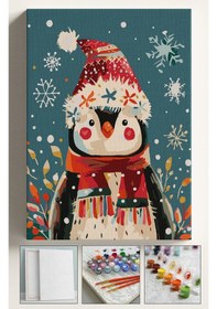Resim Sayılarla Boyama Çerçeveli Hobi Seti Numaralı Tuval Fırça Boya Dahil Kasnaklı Şirin Penguen 40x50 Cm 