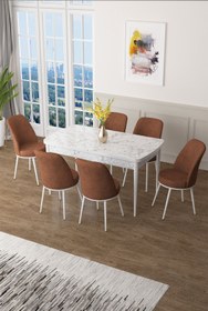 Resim Canisa Zen Serisi 80x132 Mdf Açılabilir Beyaz Mermer Desen Masa Takımı Ve 6 Kiremit Sandalye 