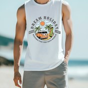 Resim Erkekler için Ağır Ağırlıkta %100 Pamuk Kolsuz Tank Top - Retro Kampçı Van & Palmiye Desenli Baskı, Dış Aktiviteler, Plaj ve Günlük Kullanım İçin Nefes Alabilir Yazlık Gömlek (Normal Kalıp, Makinede Yıkanabilir), Yazlık Tank Üstleri, Plaj Giyimi, Spor Salonu Kıyafeti, Rüya Gibi Grafik Baskı, Kabartmalı Yaka, Cilde Dost Kumaş 
