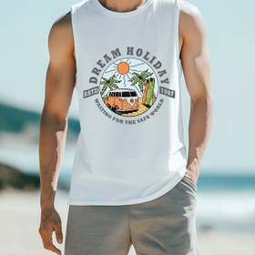 Resim Erkekler için Ağır Ağırlıkta %100 Pamuk Kolsuz Tank Top - Retro Kampçı Van & Palmiye Desenli Baskı, Dış Aktiviteler, Plaj ve Günlük Kullanım İçin Nefes Alabilir Yazlık Gömlek (Normal Kalıp, Makinede Yıkanabilir), Yazlık Tank Üstleri, Plaj Giyimi, Spor Salonu Kıyafeti, Rüya Gibi Grafik Baskı, Kabartmalı Yaka, Cilde Dost Kumaş 