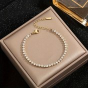 Resim Şık Altın Tonlu Paslanmaz Çelik Tenis Bileklik, Parıldayan Rhinestones ile - Kadınlar için Mükemmel Hediye, Günlük Giyim veya Özel Günler, Kapitone Tasarım, 304 Paslanmaz Çelik, Bayanlar Bileklikleri 