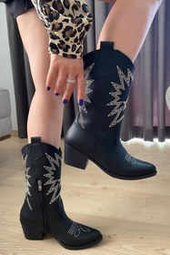 Resim Preshley Kadın Lori Siyah Cilt Krem Yıldız Nakişli Fermuarli Western Kovboy Çizme Bot 