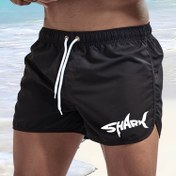 Resim Erkek KUMRALI Beach Shorts - Deniz Mavisi, Cep Detaylı Rahat Yazlık Mayo, Bağcıklı Bel ve "KUMRAL" Grafik Tasarımı 