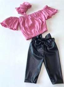 Resim Özge Başaran Kız Çocuk, Likralı Deri Fiyonk Detaylı Pantolon, Pembe Straplez Crop Bluz Ve Saç Pembe 