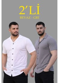 Resim Erkek Waffle Dokuma Kumaş Açık Yakalı Düğmeli Gömlek 2 Li Set Beyaz-gri Çok Renkli 