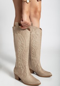 Resim ŞIK STORE Ashton Nakışlı Western Uzun Dizaltı Kovboy Kadın Bej SÜET Bot Çizme 