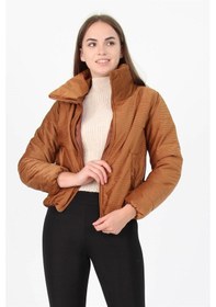 Resim Dip Moda Kadın Yüksek Yaka Cepli Kışlık Kadife Mont Dpm7154 Taba 