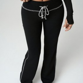 Resim Kadınlar için Y2K tarzı düşük bel renk bloğu bağcıklı rahat pantolon - Siyah ve beyaz çizgili geniş paça taytler günlük kıyafetler, her gün rahatlık, yaz hazır, her gün taytler | Y2K Modası | Polyester Taytler 