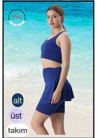 Resim Kadın Takım Alt - Üst Biker Şort Diz Üstü &crop Bra Ped Destekli Denizde Havuzda Sporda Mavi Mavi 