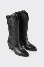 Resim Elle Siyah Deri Kadın Western Çizme 