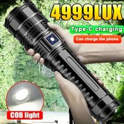 Resim Ultra Parlak El Tipi LED El Feneri, Yakınlaştırma, 6000Mah USB Şarj Edilebilir Batarya, Güç Bankası Fonksiyonu, 5 Mod, COB Arka Lambalar, Açık Hava Kampı, Keşif, Acil Durum Kullanımı, Taktik Tasarım, Şarj Edilebilir El Feneri 