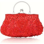 Resim Boncuklu Payet Gece Çantası, Zarif Üst Halkalı El Abiye Çanta Kırmızı 