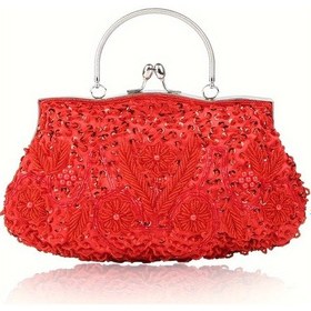 Resim Boncuklu Payet Gece Çantası, Zarif Üst Halkalı El Abiye Çanta Kırmızı 