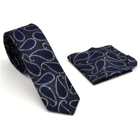 Resim Gaffy Füme Gri Şal Desenli Lacivert Dokuma Kumaş Mendilli Slim Fit Kravat // SDK-240112 Lacivert 