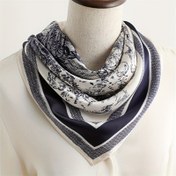 Resim 1 adet 69.85cm Kadınlar için Şık Çiçek Desenli Kare Eşarp - Lacivert Beyaz & Gri Desenlerle, Başlık, Çanta & Giysi Süslemesi için Yumuşak Polyester Moda Aksesuarı, Baş Eşarp 