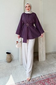 Resim Tesettür Diyarı Dekta Cotton Kumaş Broş Kemerli Tesettür Gömlek- Mürdüm Standart (38-42 Uyumlu) 
