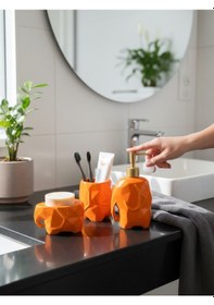 Resim Fil Figürlü Seramik 3 Lü Banyo Seti Modern Dekoratif Banyo Aksesuar Seti Turuncu 
