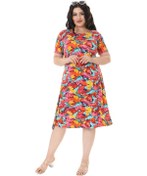 Resim Melsay Butik Sarı Gül Desen Kısa Kollu Büyük Beden Midi Elbise Sarı 