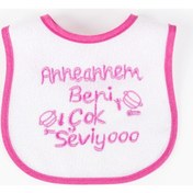 Resim Anneannem Beni Çok Seviyo Yazılı Kız Bebek Su Geçirmez Mama Önlüğü Beyaz - Pembe 
