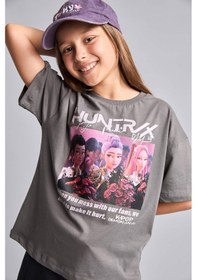 Resim Defacto Kpop - Demon Hunters Lisanslı Bisiklet Yaka Kısa Kollu Gri Tişört Kız Çocuk I0026a826hsgr505 Gri-gr505 