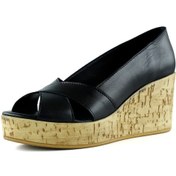 Resim Erkan Saçmacı Astrid Siyah Hakiki Deri Çapraz Bantlı Mantar Taban Görünümlü Dolgu Topuklu Sandalet Siyah 