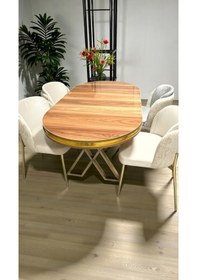 Resim Msy Home 4 Kişilik Aura Gold Serisi Ceviz Lake Oval Yemek Masası Ve Puffy Krem Sandalye Takımı Modern Krem 