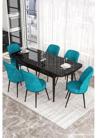 Resim Canisa Kor Serisi 70x114 Açılabilir Mutfak Masası Takımı Siyah Mermer Desen Masa 6 Turkuaz Sandalye Masa Siyah Mermer Desen Sandalye Turkuaz 