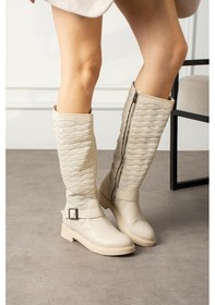 Resim Shoetek Aissa Kadın Çizme Kapitone Dikişli Fermuarlı Bej Deri Bej 