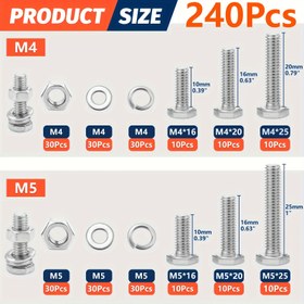 Resim 240 adet Paslanmaz Çelik Cıvatalar ve Cıvatalar Seti - 304 Sınıf, 14 Sık Kullanılmış Boyut (M4, M5, M6, M8), Dayanıklı ve Düzenli Depolama Kutusu, Sağlam Bağlantılar için Kolay Kurulum, Sağ El Teli, 8-Point Sürücü, İnşaat Donanımı | Altıgen Başlıklı Cıvatalar | Dayanıklı Bağlayıcılar 