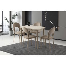 Resim Ahşap Salon Yemek Masa Sandalye Takımı 4 Cappicino Sandalyeli Yandan Açılır Büyüyen Sidon 60x90cm Bej 