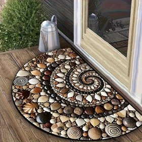 Resim Renkli çakıl ve deniz kabuklarıyla doğal görünüm yarı halka şekilli kapı matı - Kaymaz, Makinede Yıkanabilir Polyester Hoşgeldiniz Matı İç/Dış Mekan, Giriş, Mutfak, Banyo, Veranda, Balkon Dekoru 