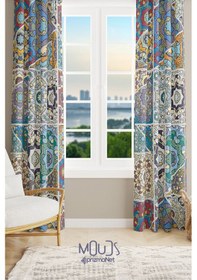 Resim Mosque Tiles 4 Desenli Süet Oturma Odası Salon Fon Perde Baskılı Ekstrafor Büzgü 2 Kanat Prd-1087 Çok Renkli 