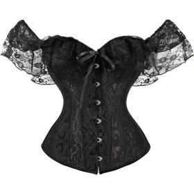 Resim Kadınlar İçin Vintage Omuz Açık Korse Üstü - Dantel Fırfır Kol ve Balık Kemikli Tasarım, Paisley Desenli Çapraz Sırtlı Esnek Olmayan Şekillendirici İç Giyim, Her Mevsime Uygun, Zarif Detaylar, Formlu Göğüs Bandı, Resmi Kıyafetler 