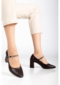 Resim Dilimler Ayakkabı Kadın Stiletto Topuklu Ayakkabı Kahve Suni Deri Baret Taşlı Kalın Topuklu-4172 Kahve 