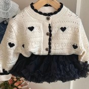 Resim Kızlar için Yaka Detaylı Kalp Desenli Triko Kazak, Rahat Düğmeli Uzun Kollu Triko Ceket Bahar/ Sonbahar Kıyafeti 