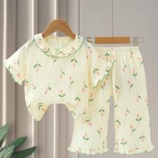 Resim Kızlar için Bahar, Yaz ve Sonbahar Çiçek Desenli Pijama Takımı - Bej Bebek Yaka Üst ve Elastik Bel, Esnek Olmayan Pamuk Kumaş, Kısa Kollu, Uzun Pantolon, Rahat Ev Giyimi, Seyahat Pijamaları, İki Parça Takım, Rahat Ev Kıyafeti|Oyunca Desenli Üst|Konforlu Uygunluk, Çiçek Desenli Pijama 
