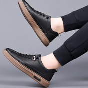 Resim Erkek Casual Sneakers - Yumuşak, Kaymaz Kalın Taban, Kayma Geçirmez Tasarım, Siyah Faux Kapak ile Çizgili Detaylar, Tüm Mevsimler İçin Rahat, Günlük Ayakkabı | Şık Casual Ayakkabılar | Dayanıklı PVC Taban 