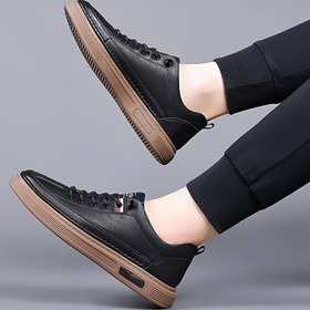 Resim Erkek Casual Sneakers - Yumuşak, Kaymaz Kalın Taban, Kayma Geçirmez Tasarım, Siyah Faux Kapak ile Çizgili Detaylar, Tüm Mevsimler İçin Rahat, Günlük Ayakkabı | Şık Casual Ayakkabılar | Dayanıklı PVC Taban 