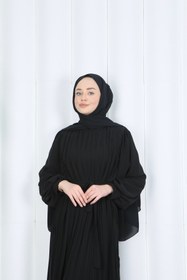 Resim HNT Hayrunnisa Tesettür Boydan Piliseli Kuşaklı Şifon Elbise Siyah HNT8575 