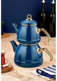 Resim Emaye Özel Tasarım Yapışmaz Yüzey Büyük Boy Demlik Seti Emaye Çaydanlık Üst 1.4 L Alt 2.6 L Lacivert 