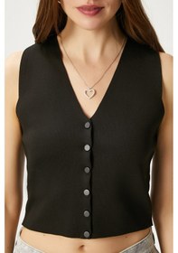 Resim Ritnice Kadın Petite Çıtçıtlı Crop Siyah Triko Yelek Siyah 