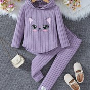 Resim Kız Çocukları Sevimli Kedi Yüzlü Kapüşonlu ve Pantolon Takımı - Hafif Esneklikli Polyester Örgü Kıyafet - Çocuklar İçin Düzenli Kalıp Uzun Kollu Üst ve Eşleşen Pantolon - Rahat Günlük Oyun Giysileri, Açık Hava İçin 