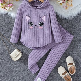Resim Kız Çocukları Sevimli Kedi Yüzlü Kapüşonlu ve Pantolon Takımı - Hafif Esneklikli Polyester Örgü Kıyafet - Çocuklar İçin Düzenli Kalıp Uzun Kollu Üst ve Eşleşen Pantolon - Rahat Günlük Oyun Giysileri, Açık Hava İçin 