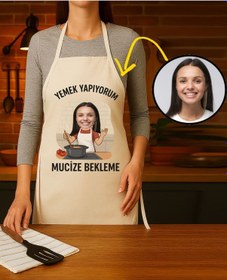 Resim Kişiye Özel Karikatür Fotoğraflı Mutfak Önlüğü Mucize Bekleme Krem 