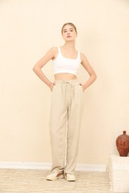 Resim Lin Collection Kadın Naturel Bej Keten Pantolon Beli Lastikli Cepli 