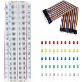 Resim Rakun Robotik 3'lü Set 830 Pin Breadboard 40 Pin Erkek-Erkek Jumper Kablo 50 Adet 5mm LED (5 Renk) 
