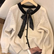 Resim Elegant French-Style Color Block Uzun Kollu Kazak, Yay Detaylı, Yuvarlak Yaka, Düğme Önü, Ribbed Cuffs - Bahar/Yaz/Sonbahar/Kış Gezileri ve Sevgililer Günü için Mükemmel, Sevimli Kazaklar 