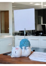Resim Mavi Sim Yumak Tutan Yatan Kawaii Kedi Temalı Not Tutacağı Fotoğraf Tutacak Tutucu Ofis Hediyelik Simli Mavi 