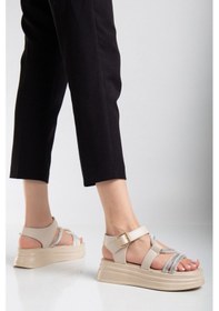 Resim Taşlı Platform Dolgu Taban Sandalet Bej 