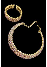 Resim Caş Dekorasyon Altın Renk Taşlı Choker Kolye Ve Bileklik Set Altın 